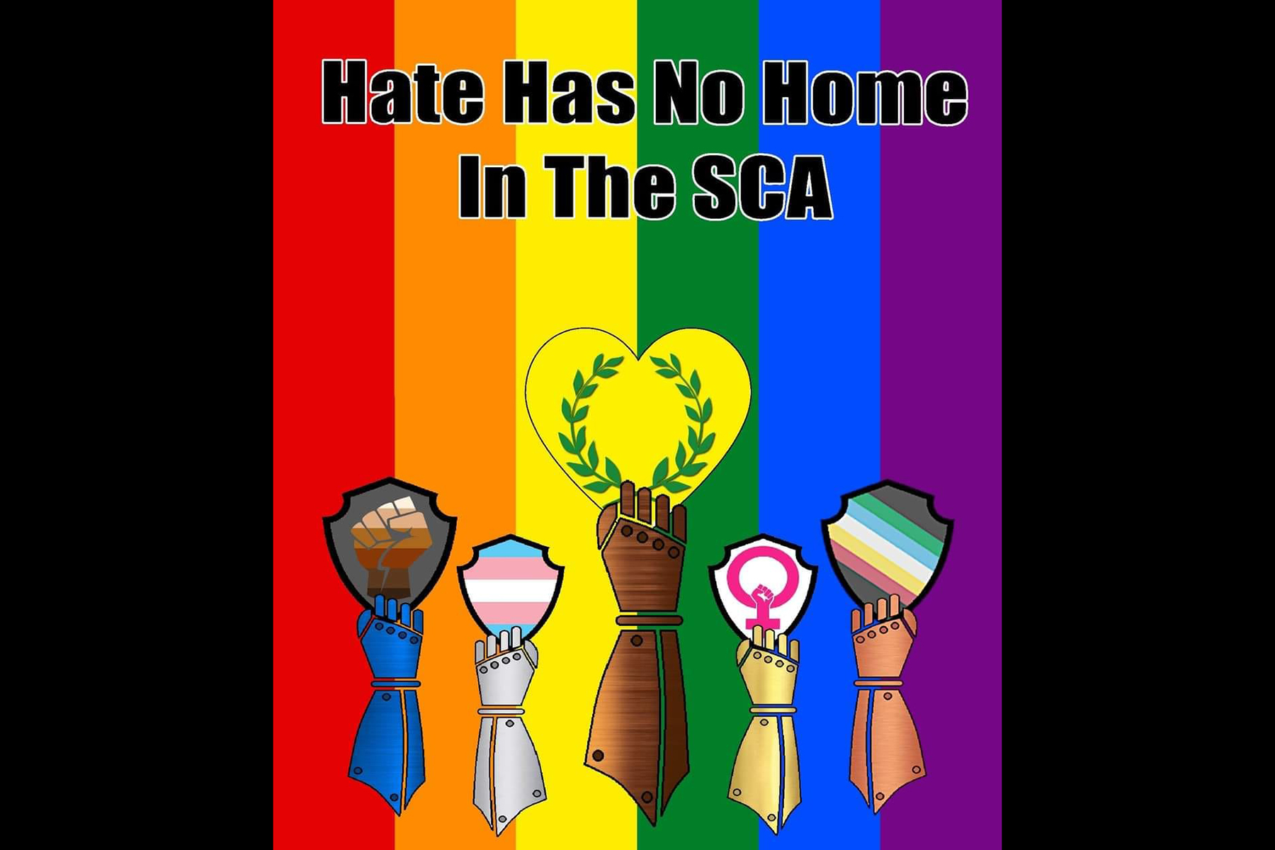 Regenbogenfahne mit der Inschrift "Hate has no home in the SCA"